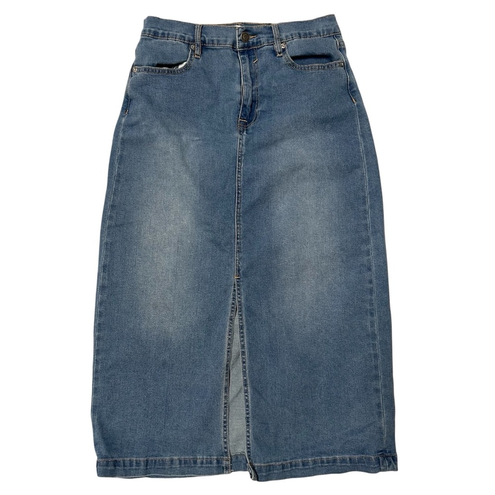 Classic Mid-Blue Denim Midi Skirt with Front Slit Size 5/27